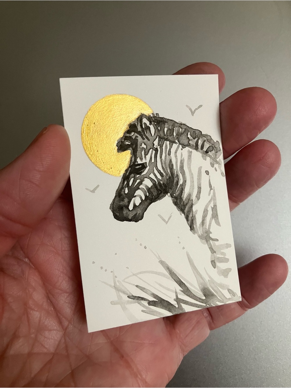 ORIGINAL zebra Africa animal painting sumi-e ink art gold accent artwork minis